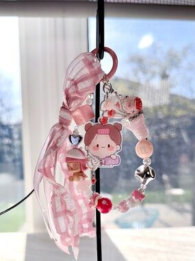 Pink Cute doll with earrings floral Vase Charm  Keychain for Bag keychain
